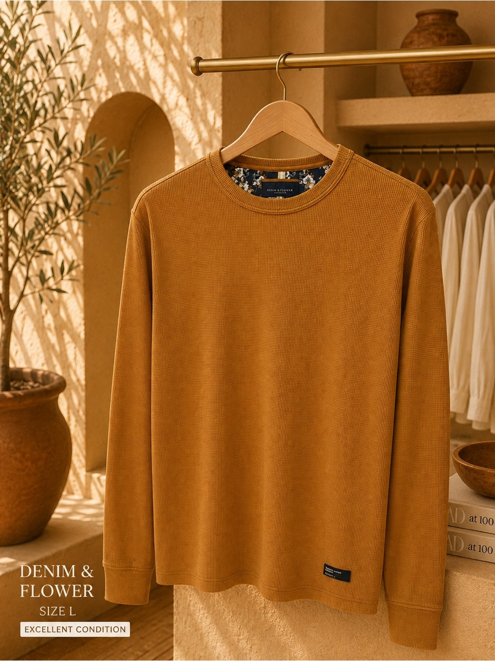 Denim & Flower Mustard Waffle Knit Crewneck Sweater Size S